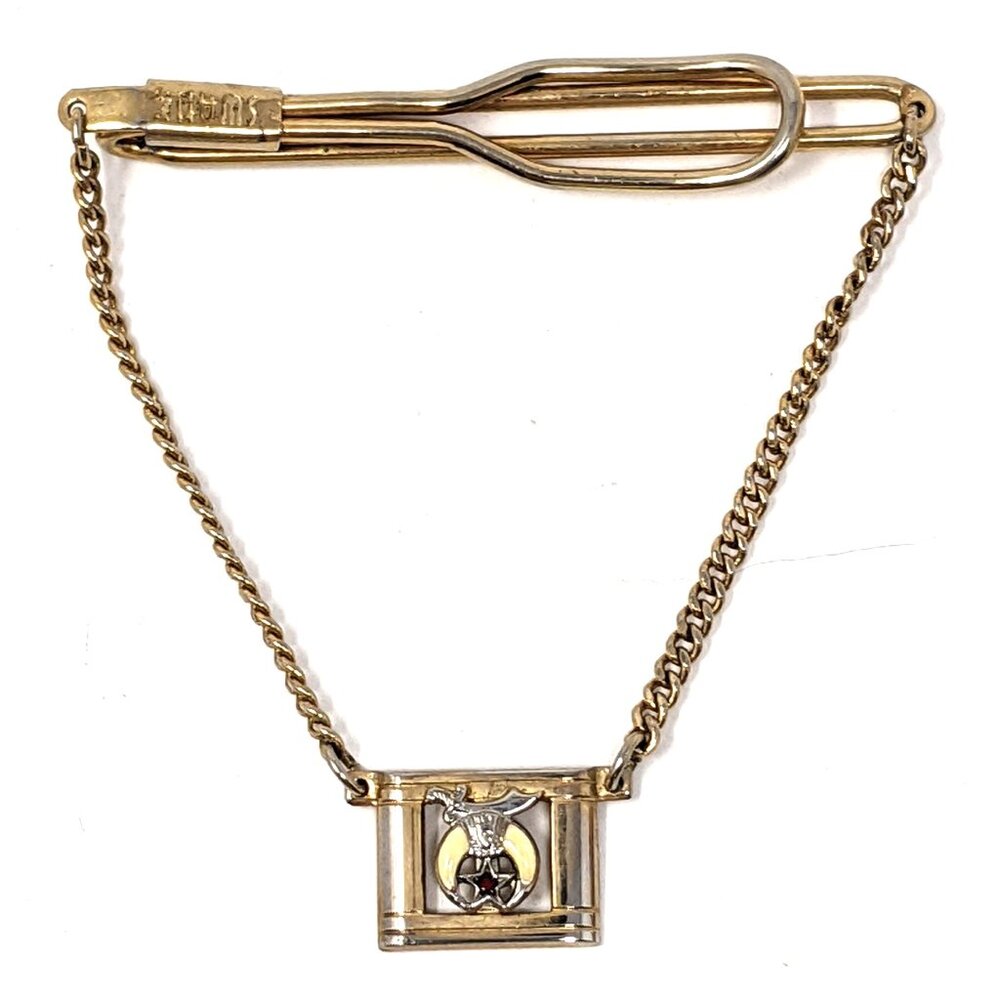 Vintage Freemason Shriners Tie Bar Clip by Swank Dangle Chain Scimitar Gold tone